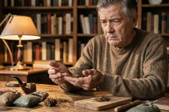 Homme d'âge mûr examinant du tabac à pipe dans sa main avec une expression préoccupée, sur un établi en bois rustique