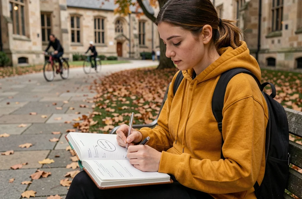 Étudiante sur un banc de campus notant le numéro de semaine paire ou impaire dans son agenda papier