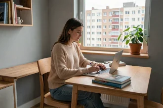 Étudiante travaillant dans sa chambre moderne en résidence étudiante privée avec vue sur la ville