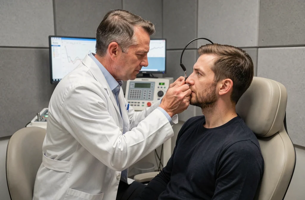 Audiologiste examinant l'audition d'un patient dans une cabine audiologique insonorisée