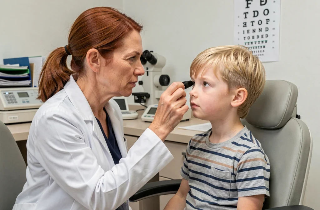 Ophtalmologiste examinant la vue d'un enfant en cabinet médical, en lien avec l'impact des écrans sur la santé visuelle des jeunes
