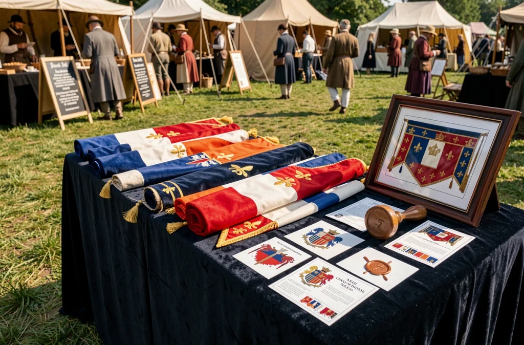 Table d'exposition présentant des reproductions de drapeaux royaux français à fleurs de lis lors d'une fête historique en plein air