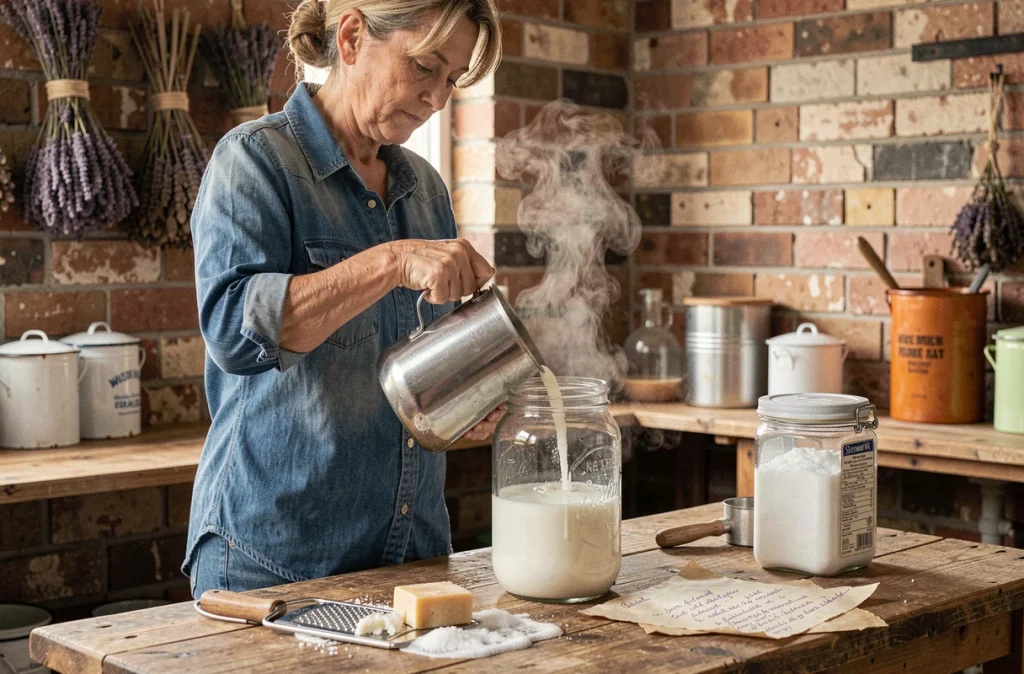 Femme fabriquant une lessive maison écologique dans une buanderie rustique avec des ingrédients naturels