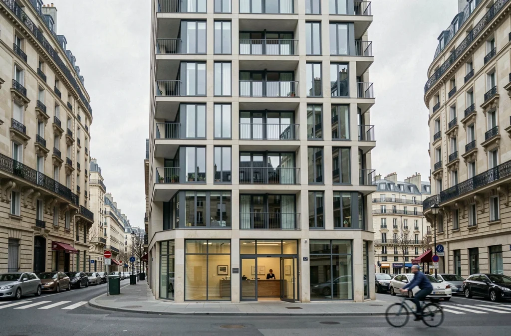 Façade moderne d'une résidence étudiante privée dans une grande ville française entourée d'immeubles haussmanniens