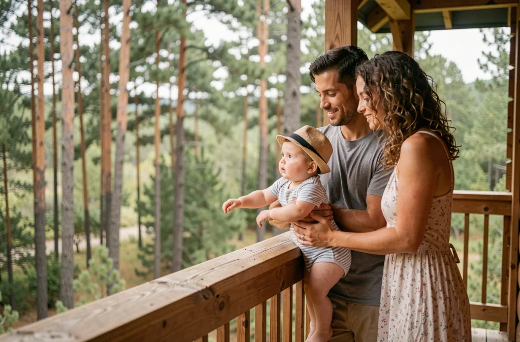 Famille avec un bébé en bas âge profitant d'une terrasse de chalet en forêt lors de leurs premières vacances ensemble