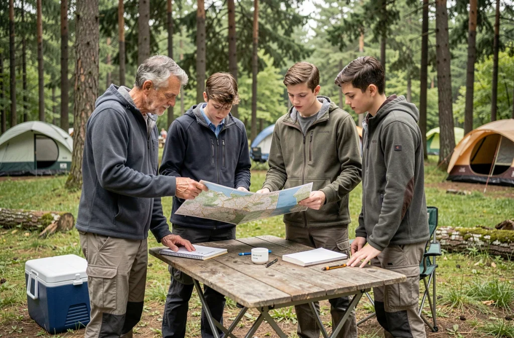 Famille en camping planifiant leur itinéraire de vacances à petit budget autour d'une table extérieure