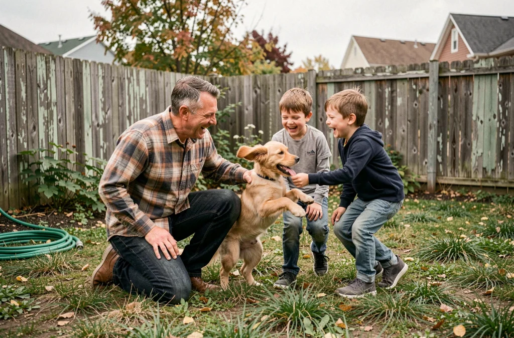 Père et enfants jouant avec un chiot golden retriever dans un jardin en automne, montrant l'impact d'un animal sur la vie de famille