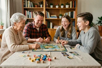 Famille multigénérationnelle jouant à un jeu de société autour d'une table en bois dans un salon chaleureux