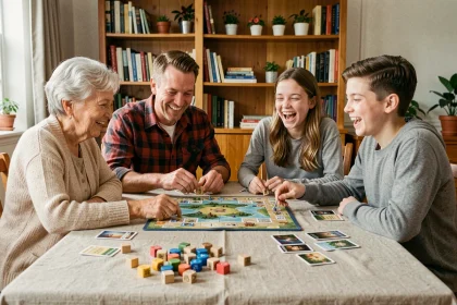 Famille multigénérationnelle jouant à un jeu de société autour d'une table en bois dans un salon chaleureux