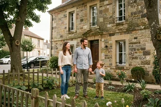 Famille avec enfants devant leur maison en pierre dans une ville moyenne française, jardin et rue résidentielle