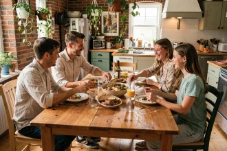 Une famille recomposée partage un repas convivial autour d'une grande table en bois dans une cuisine chaleureuse