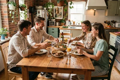 Une famille recomposée partage un repas convivial autour d'une grande table en bois dans une cuisine chaleureuse