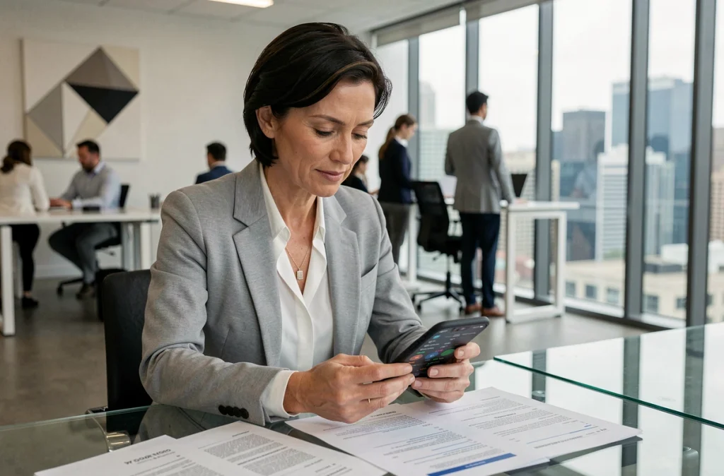 Femme d'affaires consultant une application de portefeuille de cryptomonnaies dans un espace de coworking