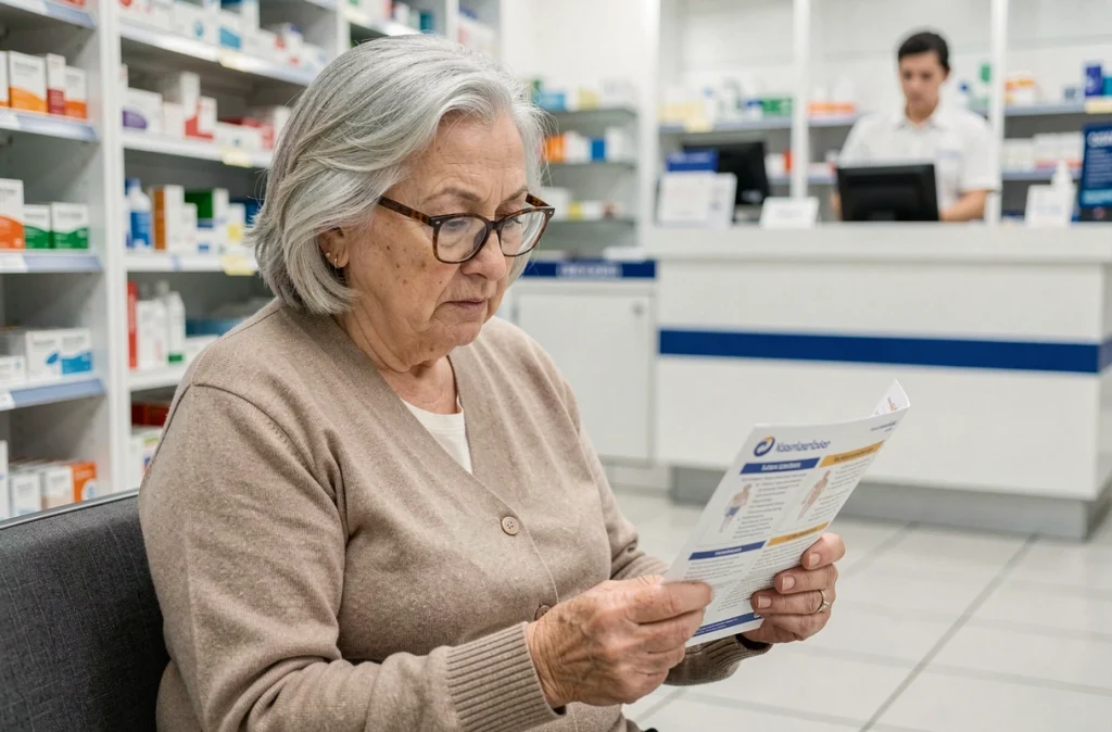 Femme âgée lisant une brochure sur la vaccination antigrippale dans une pharmacie