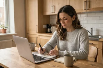 Femme analysant ses relevés bancaires sur un ordinateur portable pour réduire ses frais bancaires