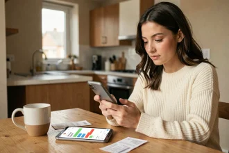 Jeune femme gérant son budget personnel sur une application mobile de finances depuis sa cuisine