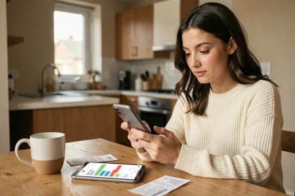 Jeune femme gérant son budget personnel sur une application mobile de finances depuis sa cuisine