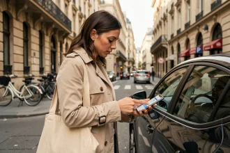 Femme utilisant une application d'autopartage pour déverrouiller une voiture électrique en ville