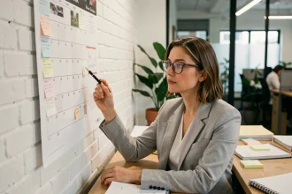 Femme en bureau consultant un calendrier mural pour vérifier le numéro de semaine paire ou impaire