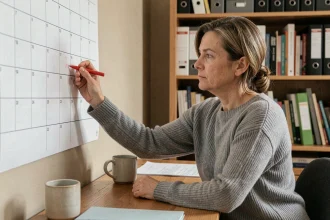 Femme marquant des dates clés sur un calendrier mural en papier dans un bureau à domicile, illustrant le calcul des semaines entre deux fêtes de l'année 2026