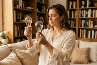 Femme comparant deux ampoules différentes dans un salon chaleureux et confortable