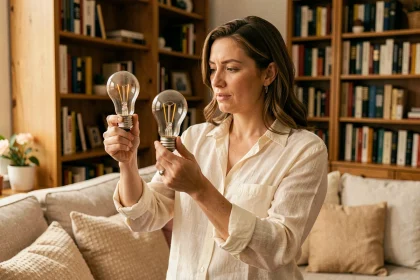 Femme comparant deux ampoules différentes dans un salon chaleureux et confortable