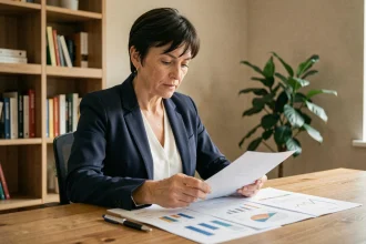 Femme de 45 ans consultant des documents financiers sur son bureau à domicile pour comparer assurance vie et plan épargne retraite