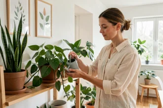 Femme entretenant des plantes d'intérieur faciles à entretenir comme le pothos et le laurier-rose dans un salon scandinave lumineux