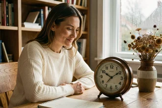 Femme contemplative regardant une horloge analogique affichant 14h41 dans un bureau cosy, symbolisant l'heure miroir et la synchronicité