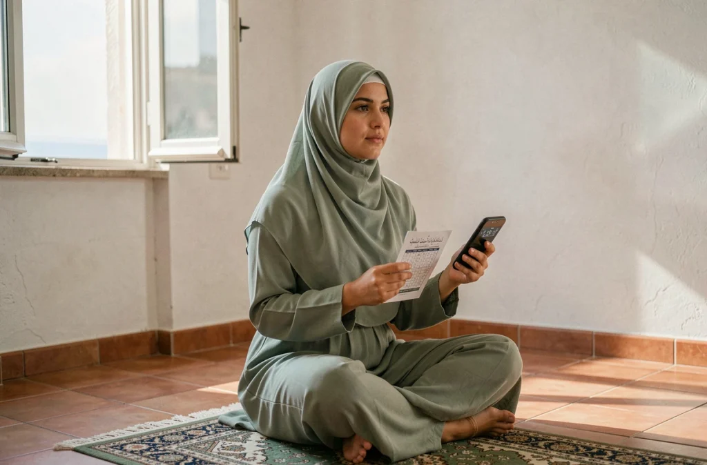 Femme musulmane consultant les horaires de prière sur son téléphone dans un appartement à Nice