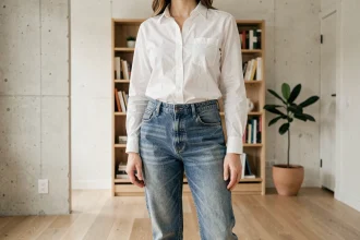 Femme en jean brut selvedge indigo et chemise blanche dans un appartement minimaliste scandinave, tenue contemporaine authentique