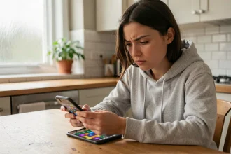 Jeune femme jouant au jeu 4 Images 1 Mot sur smartphone dans une cuisine moderne