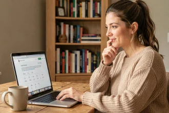 Femme concentrée jouant à un jeu de mots en ligne comme Cemantix sur son ordinateur portable dans un bureau à domicile chaleureux