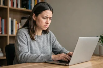 Femme lisant des avis d'utilisateurs sur un site en ligne avec une expression sceptique, illustrant la vérification de fiabilité d'une plateforme