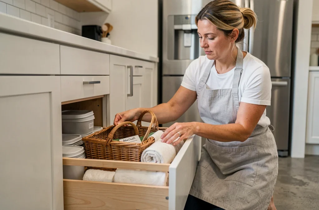 Femme rangeant un panier en osier étiqueté dans un tiroir de cuisine moderne et bien organisé