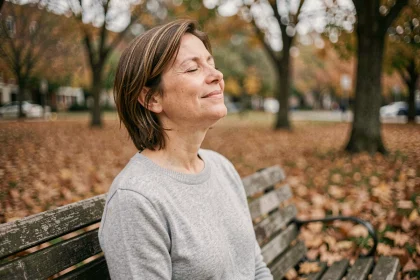 Femme respirant profondément dans un parc en automne, symbolisant l'amélioration de la fonction pulmonaire après l'arrêt du tabac