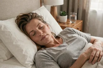 Femme adulte dormant paisiblement dans un lit confortable, illustrant l'importance du sommeil réparateur pour la santé