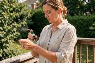 Femme appliquant un spray anti-moustiques naturel sur sa terrasse en bois entourée de végétation