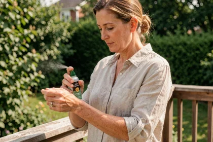 Femme appliquant un spray anti-moustiques naturel sur sa terrasse en bois entourée de végétation
