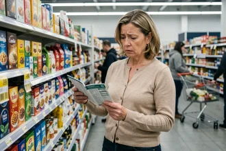 Femme comparant les prix dans un supermarché, illustration de l'impact de l'inflation sur le pouvoir d'achat en 2024