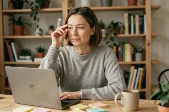 Femme en télétravail à son bureau à domicile aménagé avec ordinateur portable et notes de travail