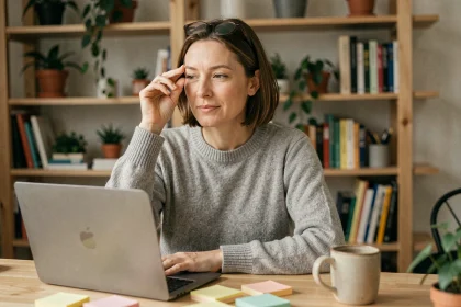Femme en télétravail à son bureau à domicile aménagé avec ordinateur portable et notes de travail