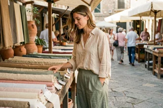 Femme en tenue de lin écru et vert sauge dans un marché provençal en plein air, illustrant la tendance du lin pour la saison chaude