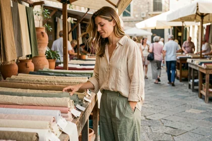 Femme en tenue de lin écru et vert sauge dans un marché provençal en plein air, illustrant la tendance du lin pour la saison chaude