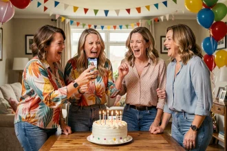 Groupe de femmes riant autour d'un gâteau d'anniversaire en regardant un GIF humoristique sur un téléphone