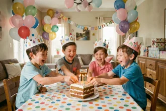 Enfants joyeux autour d'un gâteau d'anniversaire fait maison lors d'une fête à domicile décorée de ballons et guirlandes