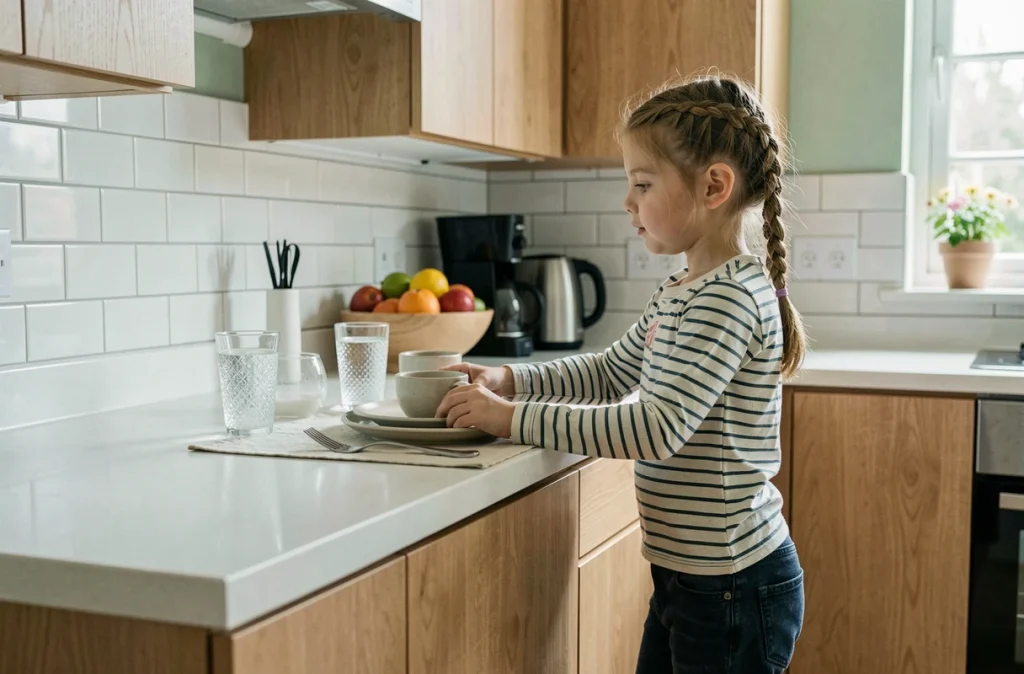 Fillette de 10 ans mettant la table dans une cuisine moderne, exemple de responsabilité domestique adaptée à l'âge