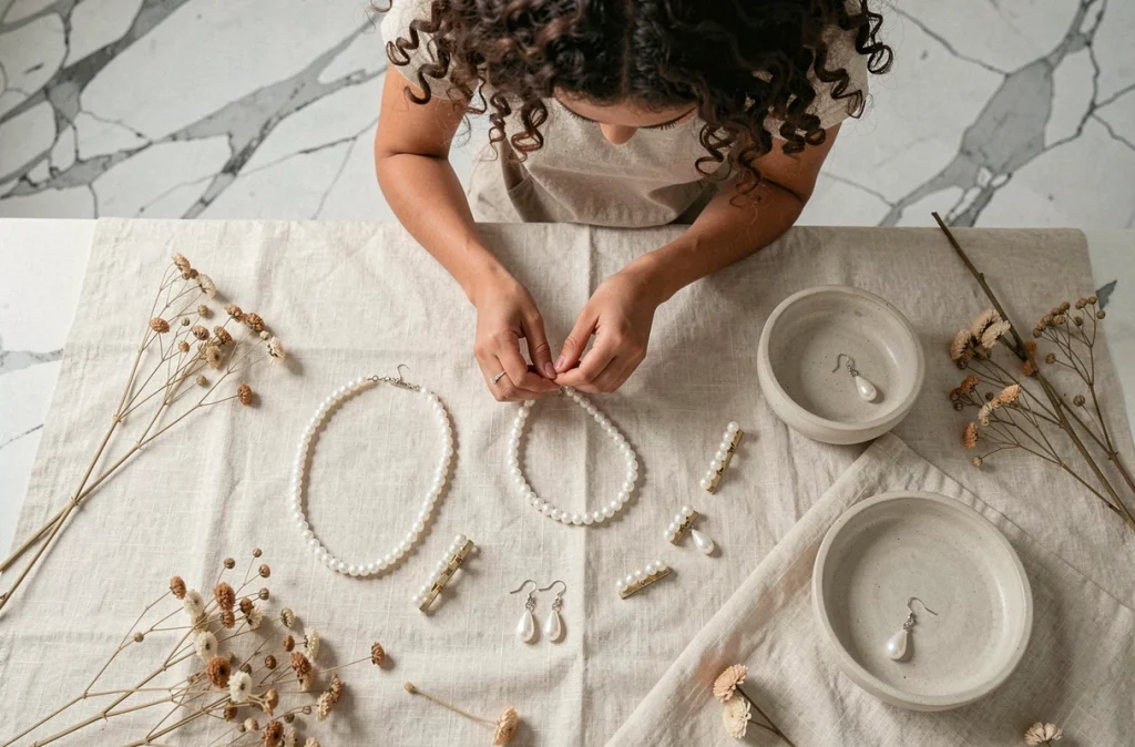 Flat lay d'accessoires en perles tendance été incluant colliers, barrettes et boucles d'oreilles sur fond lin crème