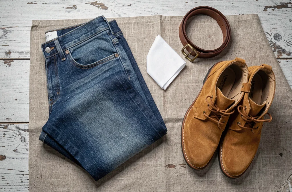 Flat lay de jean brut indigo, ceinture en cuir, boots en daim et pochette blanche sur fond de bois gris texturé, composition vestimentaire contemporaine