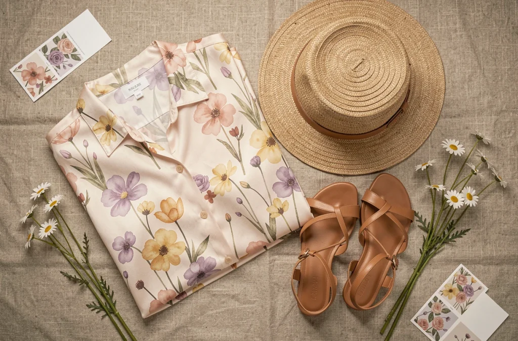 Flat lay de vêtements de mode printemps-été avec blouse en soie à motifs floraux aquarelle, chapeau de paille et sandales sur lin brut
